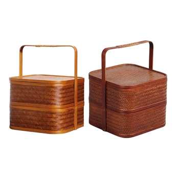 Antyczny Bambus lunch-box Kwadratowy Dwuwarstwowa Konstrukcja Do Przechowywania Pieczenia Piknikowy