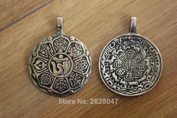 PN868 Etniczne Tybetański Biżuteria Z Mosiądzu Buddyjskie 8 Sprzyjających Znaków Wisiorek Handmade 43 mm Okrągły Dwustronny Medalik Wisiorek
